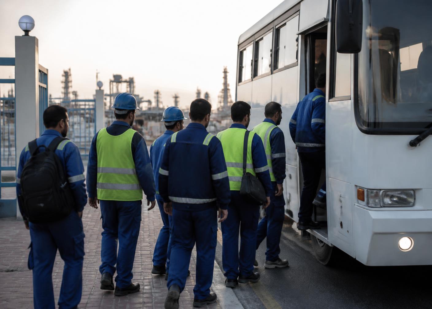 Colaboradores industriais embarcando no ônibus fretado durante a troca de turno